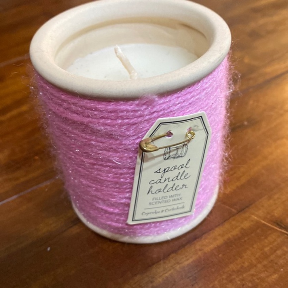 Cupcakes & Cartwheels spool of‎ thread shaped ceramic candle holder filled